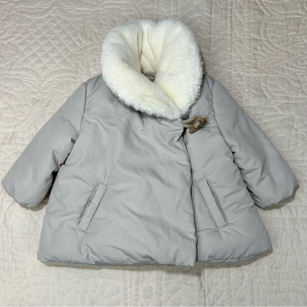 Zara BabyGirl Infant White Puffer Faux Fur Collar Jacket Size 3-6mo